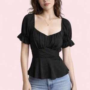 Black Tie-back Peplum Blouse